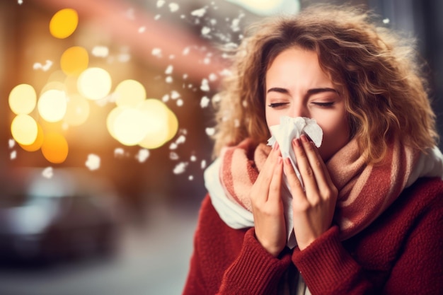 Jovem com gripe assoando o nariz usando um lenço de papel controlando os sintomas e buscando alívio