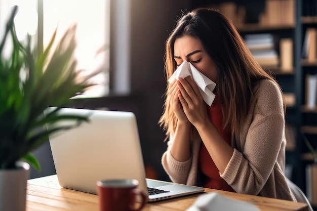 Jovem com gripe assoando o nariz usando um lenço de papel devido ao desconforto durante a temporada de alergia