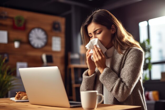 Foto jovem com gripe assoando o nariz usando um lenço de papel devido ao desconforto durante a temporada de alergia