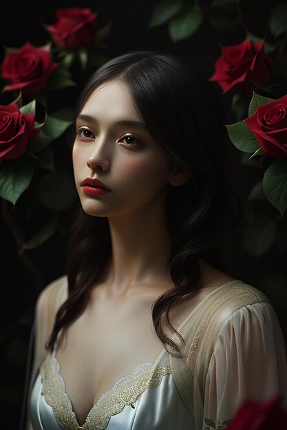 Jovem com linda decoração de flores, rosas de cabelo, papel de parede romântico, ilustração de fundo