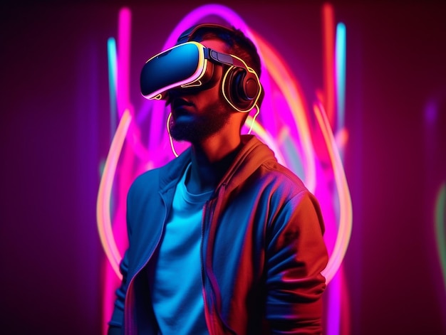 Jovem com luzes de neon usando fone de ouvido VR e experimentando metaverso de realidade virtual