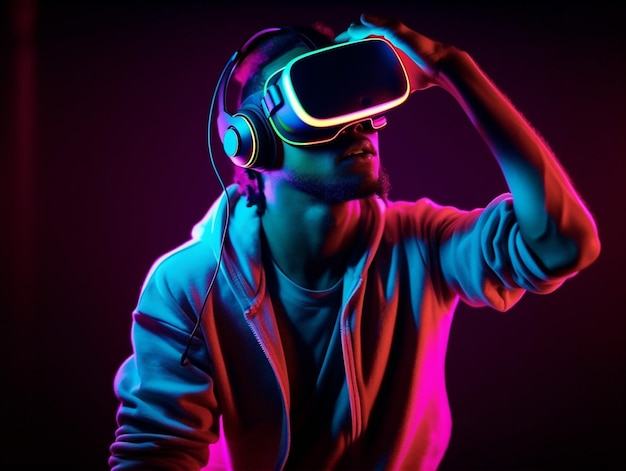 Jovem com luzes de neon usando fone de ouvido VR e experimentando metaverso de realidade virtual