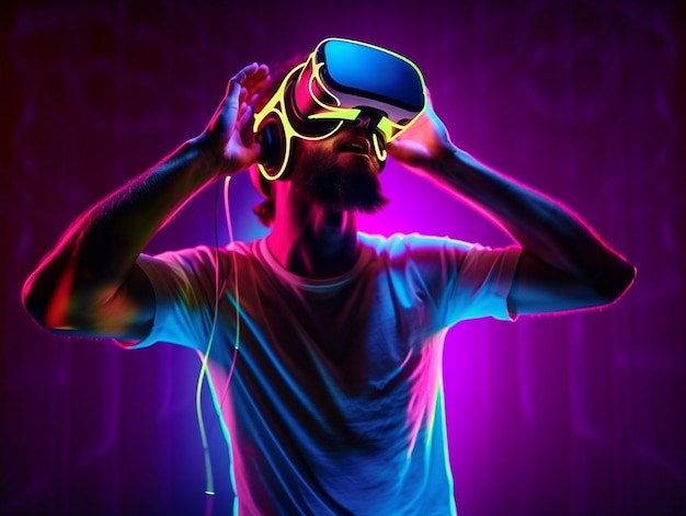 Jovem com luzes de neon usando fone de ouvido VR e experimentando metaverso de realidade virtual