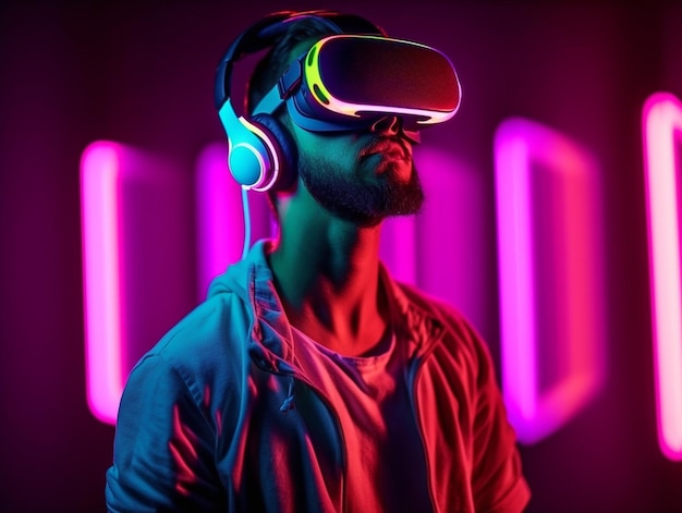 Jovem com luzes de neon usando fone de ouvido VR e experimentando metaverso de realidade virtual