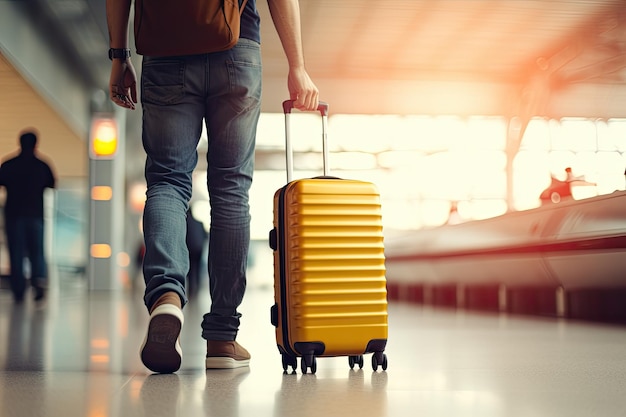 Jovem com mala amarela andando no terminal do aeroporto Conceito de viagem Perto de um homem andando com bagagem no aeroporto Conceito de viagem gerado por IA