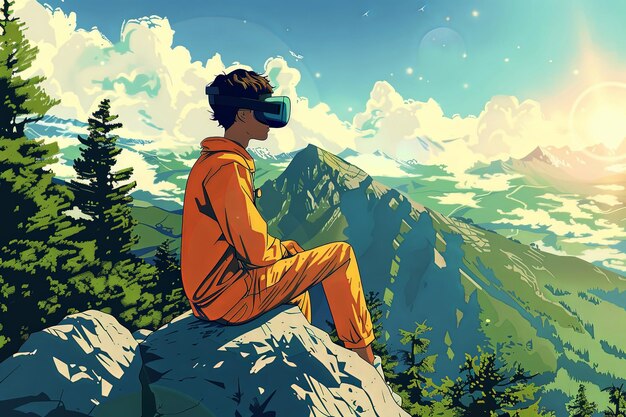 Jovem com óculos virtuais sentado no precipício de uma montanha