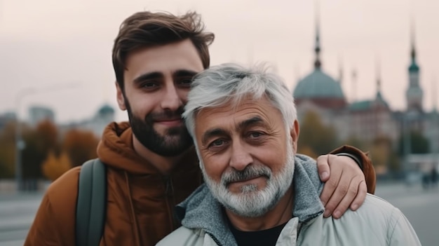 Jovem com pai mais velho abraçando feliz dia dos pais