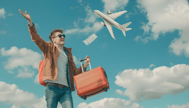 Foto jovem com passaporte de mala e bilhete voando em avião de papel em céu desenhado conceito de férias