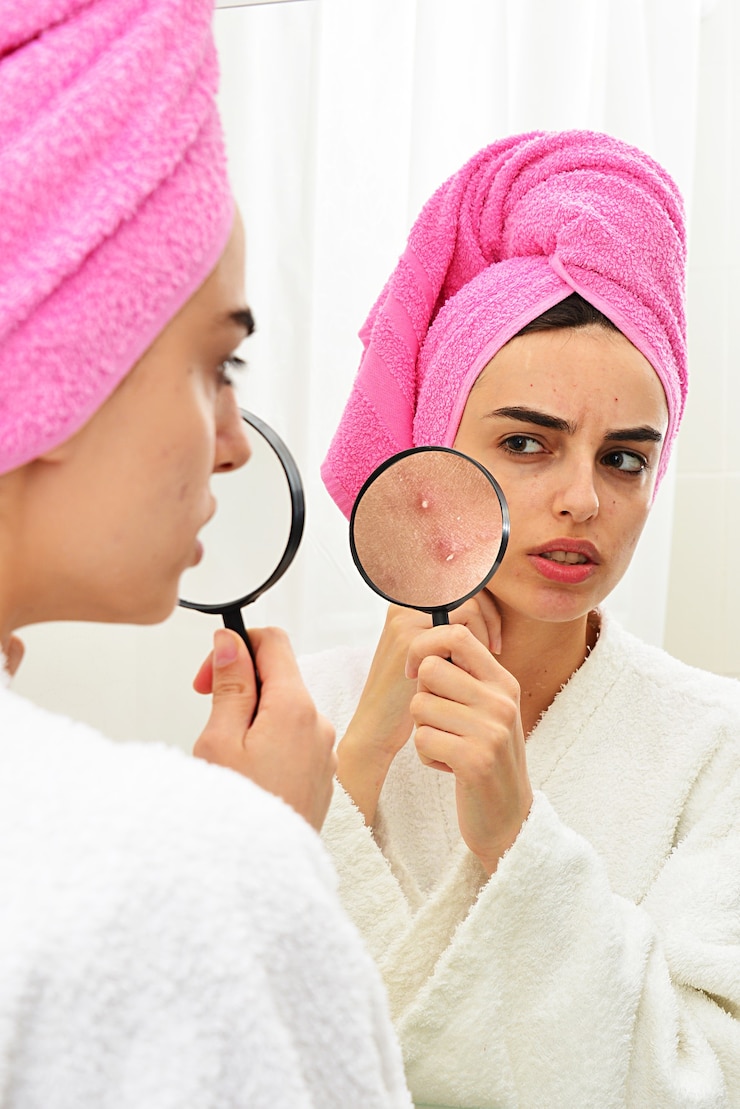 Foto jovem com pele problemática, segurando uma lupa sobre a acne enquanto se olha no espelho