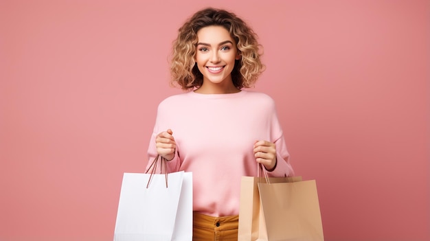 jovem com roupa da moda com sacolas de compras e sacolas de compras em fundo rosa