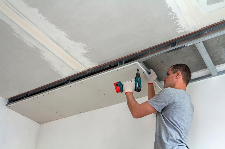 Foto jovem com roupas normais e luvas de trabalho fixando o teto suspenso de gesso em estrutura de metal usando chave de fenda elétrica no teto isolado com folha de alumínio brilhante diy faça você mesmo conceito