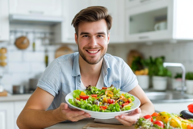 Jovem com um grande copo de salada sorrindo