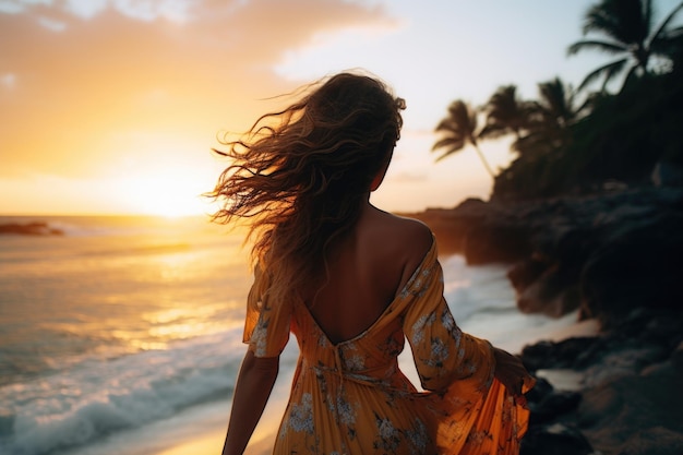 jovem com um vestido tropical admirando o pôr do sol na praia