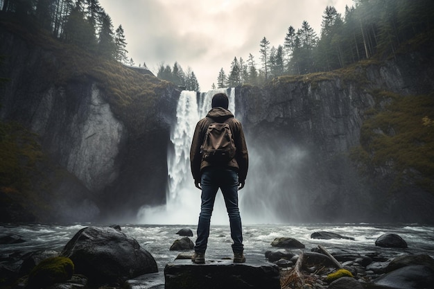 Jovem com uma bela cachoeira em fotografia de paisagem da selva