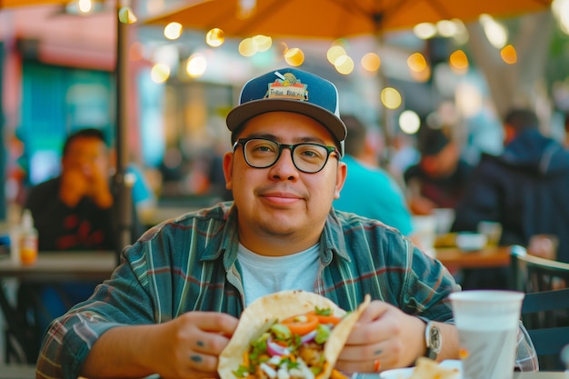 Jovem comendo tacos durante um almoço em um restaurante mexicano