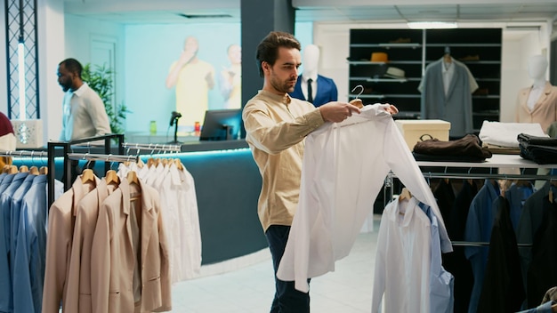 Jovem comprando roupas casuais na loja de departamentos, homem caucasiano olhando para cabides cheios de roupas modernas. Cliente do mercado de moda verificando produtos boutique em exibição, atividade comercial.