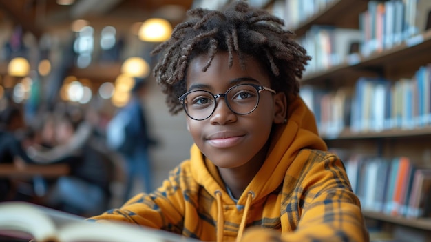 Jovem confiante estudando em uma biblioteca