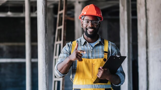 Foto jovem construtor afro-americano vestindo uniforme de construção e capacete de segurança de pé com cli