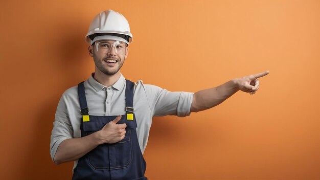 Jovem construtor impressionado com óculos de segurança vestindo uniforme com capacete de segurança apontando para o lado i