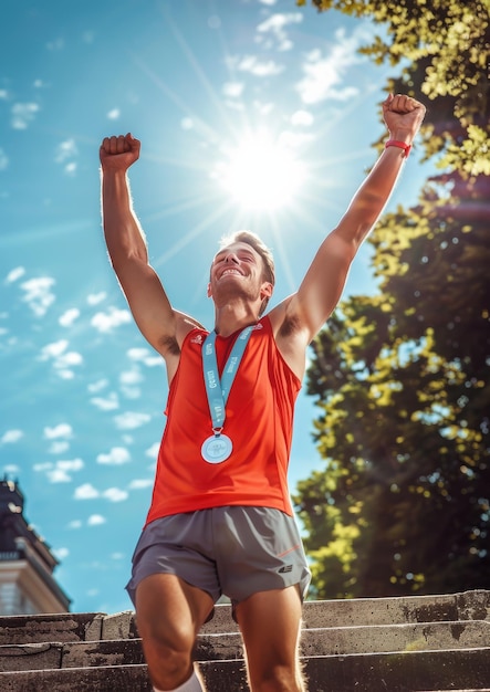 Foto jovem corredor atlético celebrando a vitória na maratona braços levantados acima da cabeça e medalha ao redor do pescoço