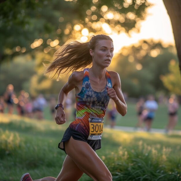 Foto jovem corredora caucasiana competindo em uma corrida de cross-country