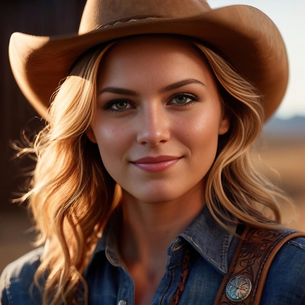 Jovem cowgirl bonita cowgirl feminina sorrindo e confiante no rancho ocidental