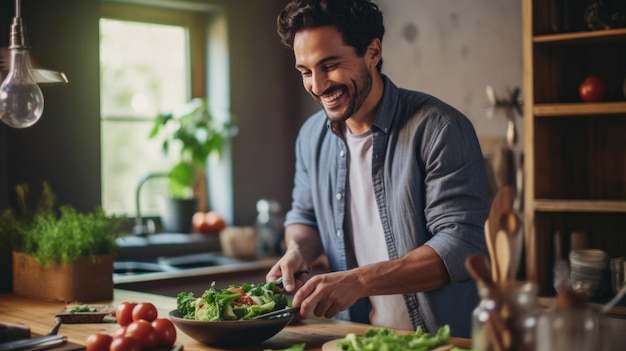 Jovem cozinhando almoço em casa Homem bonito preparando comida deliciosa