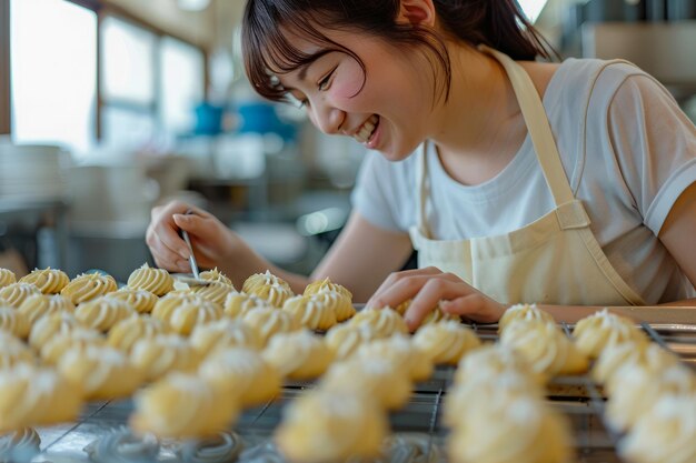 Jovem cozinheira asiática decora deliciosos cupcakes em cozinha moderna