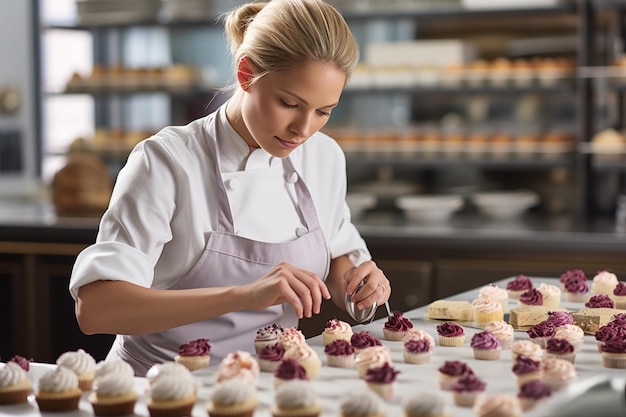 Foto jovem cozinheira decorando cupcakes na cozinha do restaurante