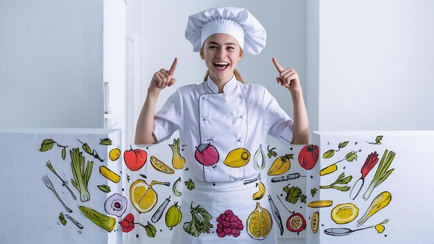 Foto jovem cozinheira satisfeita em uniforme de chef de pé atrás e apontando para a parede branca isolada em wa