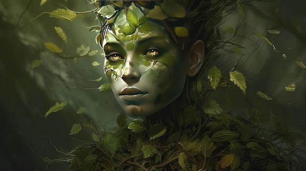 Jovem criatura feminina de pele verde de fantasia, conto de fadas, estilização mágica, fundo de floresta
