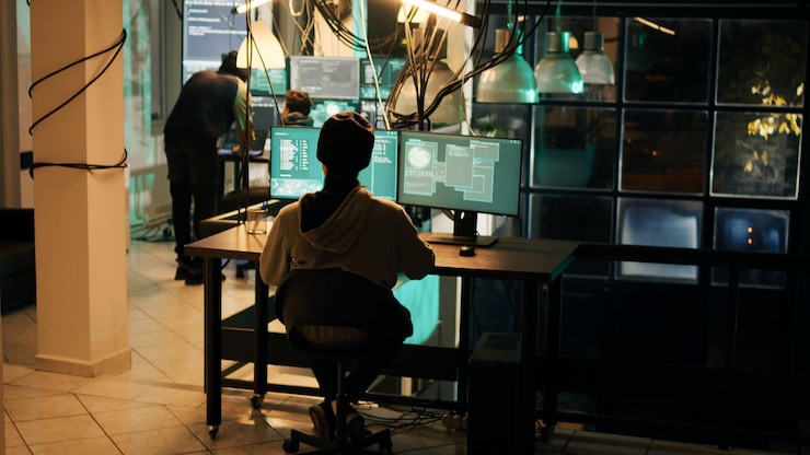 Foto jovem criminoso usando conhecimento de tecnologia para acessar informações valiosas ilegalmente, invadindo sistema de computador ou rede. espião fazendo cryptojacking e espionagem com vírus.