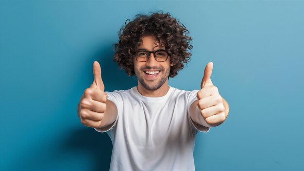 Jovem curly com polegares para cima isolado na parede azul