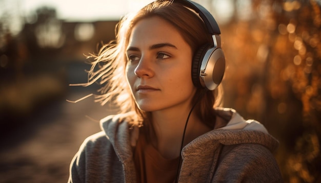 Foto jovem curtindo a natureza ouvindo com fones de ouvido gerados por ia