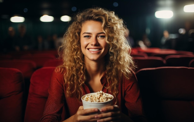 Foto jovem curtindo uma noite de cinema com pipoca