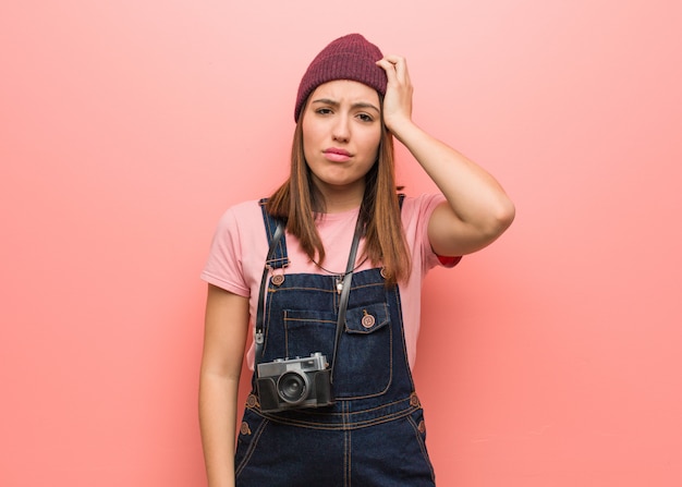 Jovem, cute, fotógrafo, mulher, cansado, e, muito, sonolento