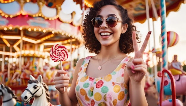 Jovem dama com lollipop desfrutando de passeio de carrossel no parque de diversões