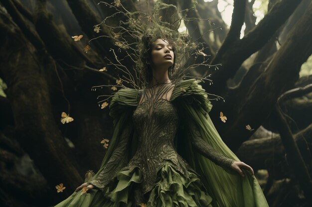 Foto jovem dama de moda vestida sobre misteriosa floresta encantada ia generativa