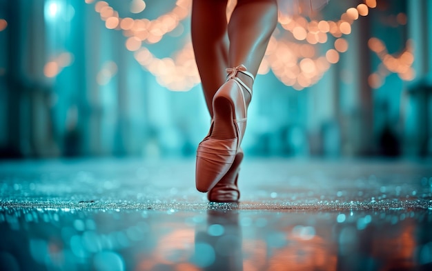 Jovem dançarina de ballet usando sapatos de ponta e espaço vazio para texto