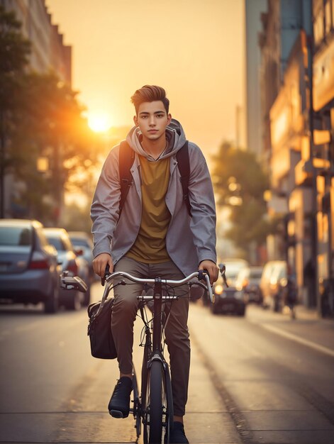 Foto jovem de bicicleta viajando em uma estrada da cidade na hora do nascer do sol