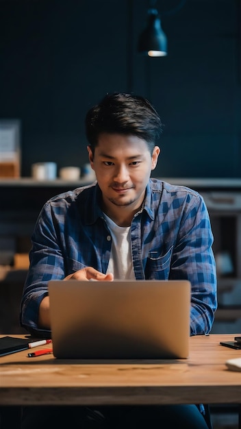 Jovem de cabelos pretos demonstrando algo em um laptop brilhante