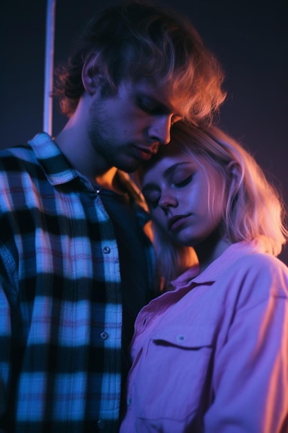 Foto jovem de cabelos rizados em camisa de pé perto de namorada sonhosa com os olhos fechados em blusa listrada