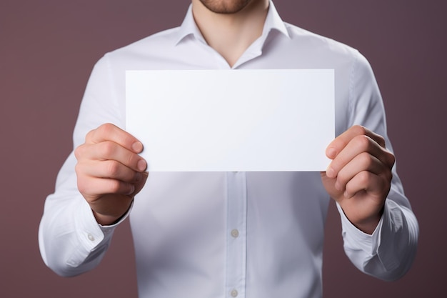 Jovem de camisa branca segurando uma folha de papel em branco Mock up Ai Gerado