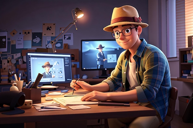 Jovem de chapéu editando vídeo ilustração de personagem 3d