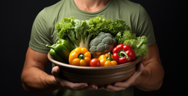 Jovem de estilo de vida fresco com uma tigela de legumes