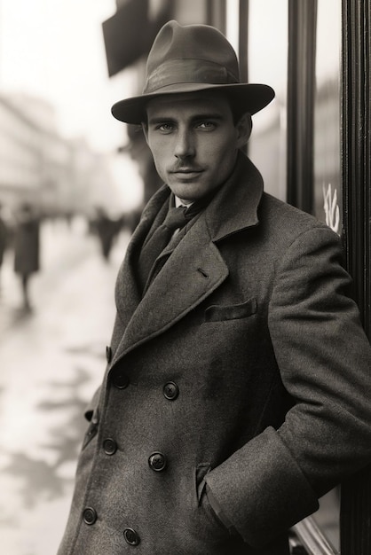 jovem de moda cavalheiro aristocrata de chapéu e casaco na rua da cidade vintage escaneamento histórico preto e branco