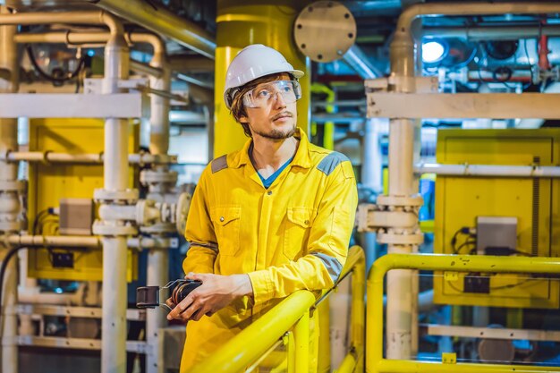 Foto jovem de óculos uniforme de trabalho amarelo e capacete na plataforma industrial de óleo ambiental ou