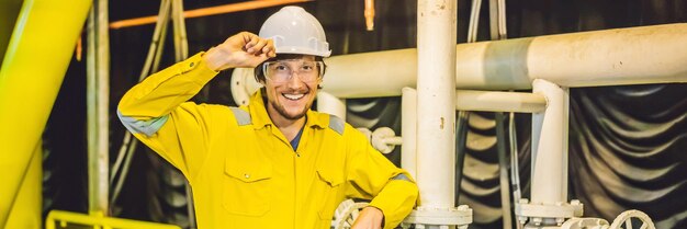 Jovem de óculos uniforme de trabalho amarelo e capacete na plataforma industrial de óleo ambiental ou