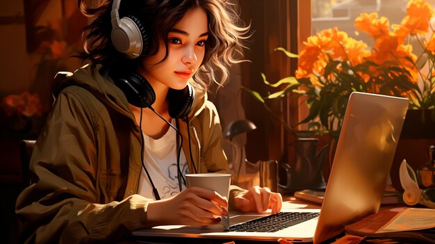 jovem de roupas casuais sentada à mesa e usando laptop trabalhando em casa