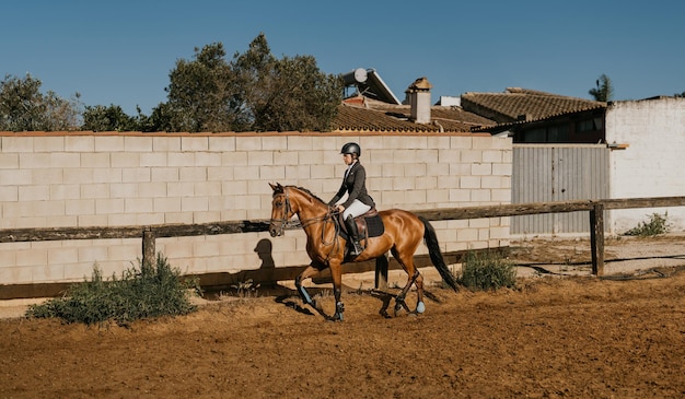 Jovem de uniforme de equitação, movimentando seu cavalo ao redor da arena de equitação